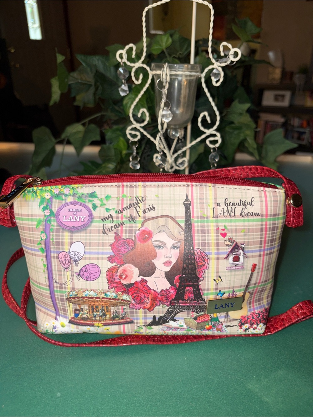Red Plaid Paris-Print Crossbody Bag with Eiffel Tower Motif